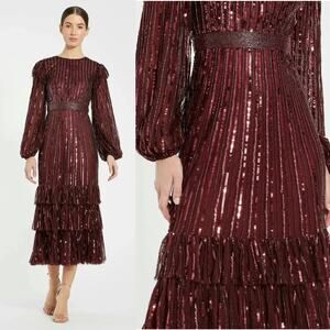 Mac Duggal 23003 Burgundy Sequin Midi Ruffle Long Sleeve Formal Gown 12